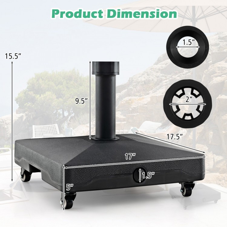 Fillable umbrella base stand with lockable wheels, dimensions 17"x17", designed for easy movement and stability.