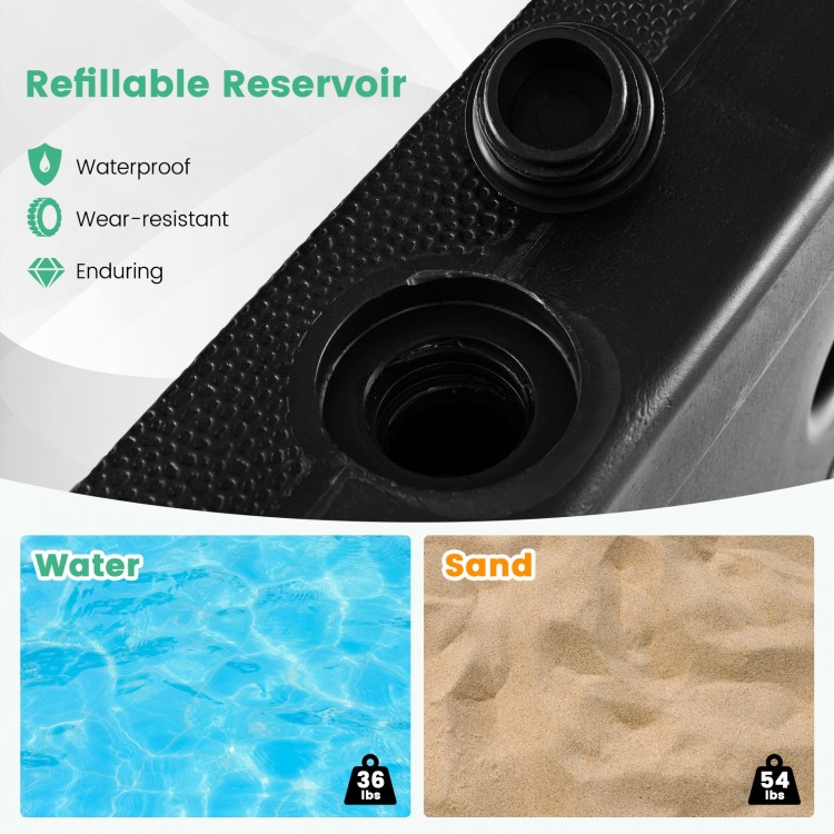 Fillable umbrella base stand with refillable reservoir for water or sand, featuring lockable wheels for stability.