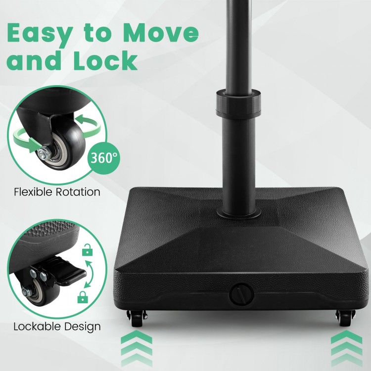 Fillable umbrella base stand with lockable wheels, featuring a sturdy design for easy movement and stability.