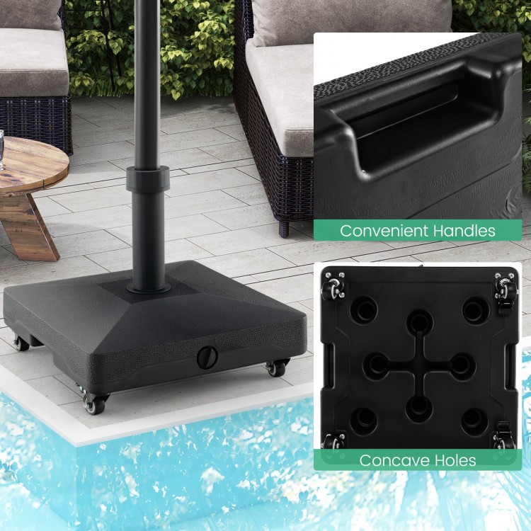 Fillable umbrella base stand with lockable wheels, convenient handles, and concave holes for stability, ideal for patio.