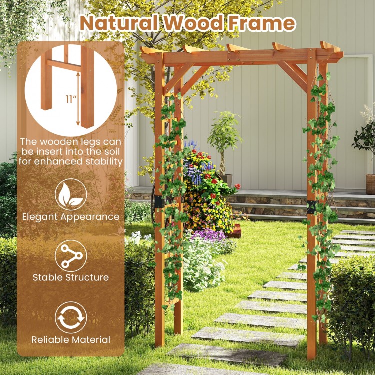 7-foot wooden garden arch trellis made of fir wood, featuring a flat roof for climbing plants and decorative items.