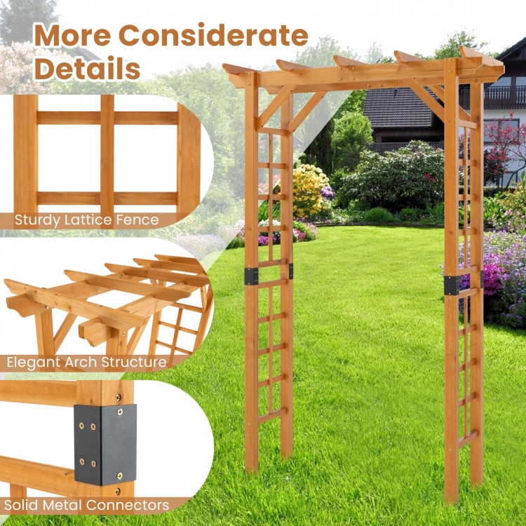 Wooden garden arch trellis made of fir wood, featuring an elegant design and sturdy lattice for climbing plants.