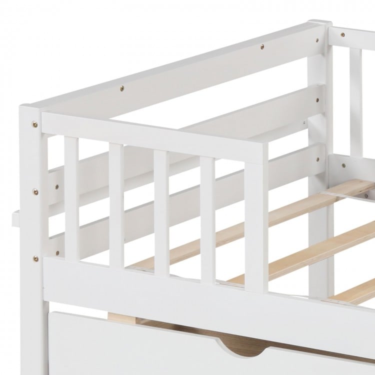 Twin daybed with fence and wooden slats in white, featuring two spacious drawers for organized storage.