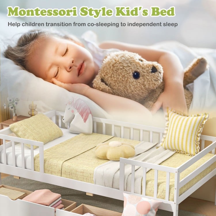 Twin daybed with fence and drawers in white, designed for kids' independence and safety, perfect for a modern bedroom.