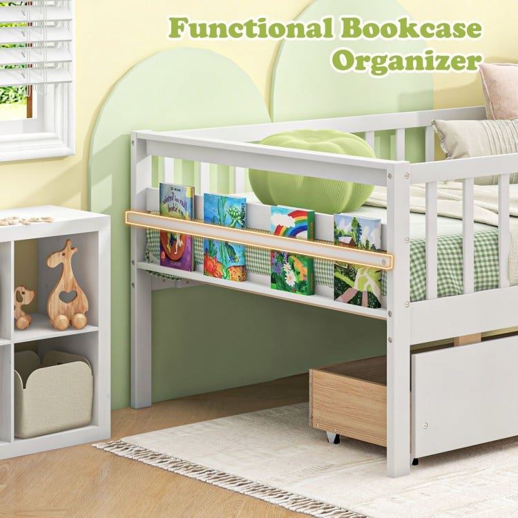 Twin daybed with fence and two drawers in white, featuring a modern design for kids' rooms and enhanced safety.
