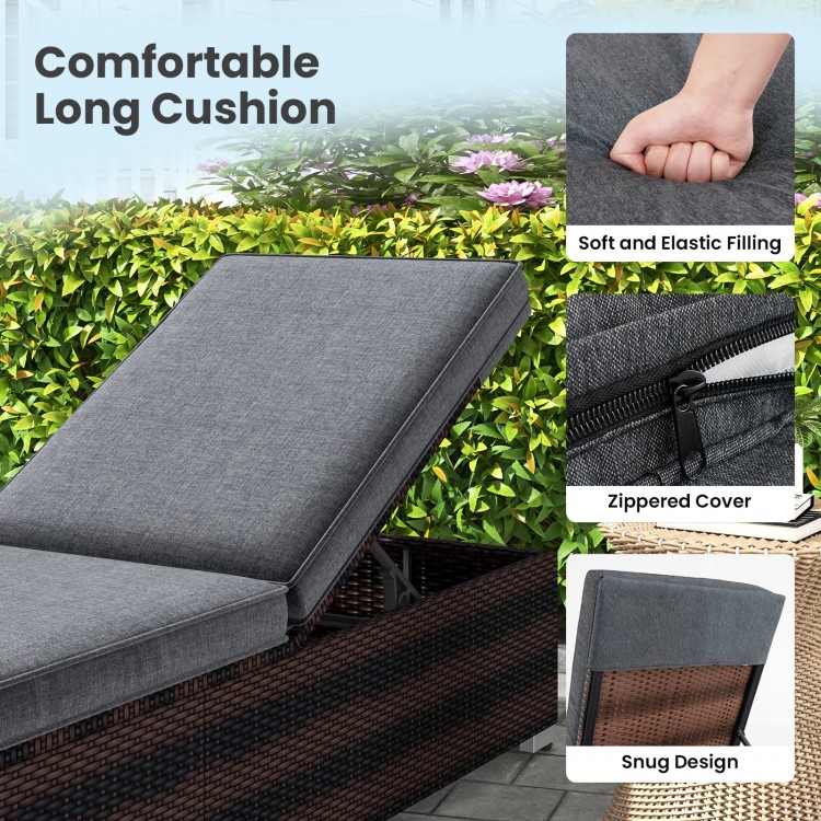 Long cushion for patio wicker lounge chair with zippered cover and soft filling, perfect for outdoor relaxation.