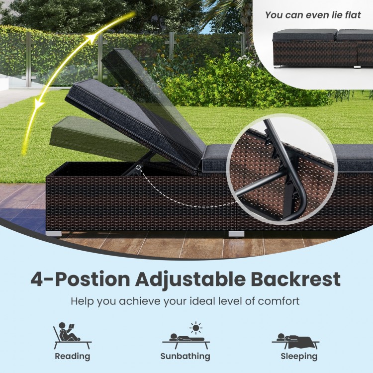 Patio wicker lounge chair with 4-position adjustable backrest and luxurious brown cushion for outdoor comfort.