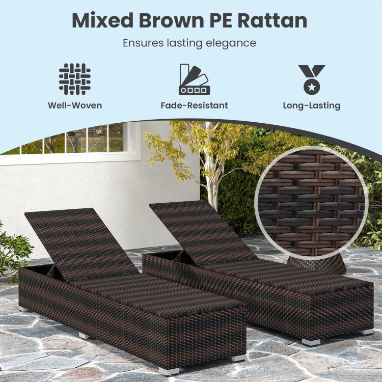 Patio wicker lounge chair in mixed brown PE rattan with 4-level backrest and luxurious cushion for outdoor comfort.