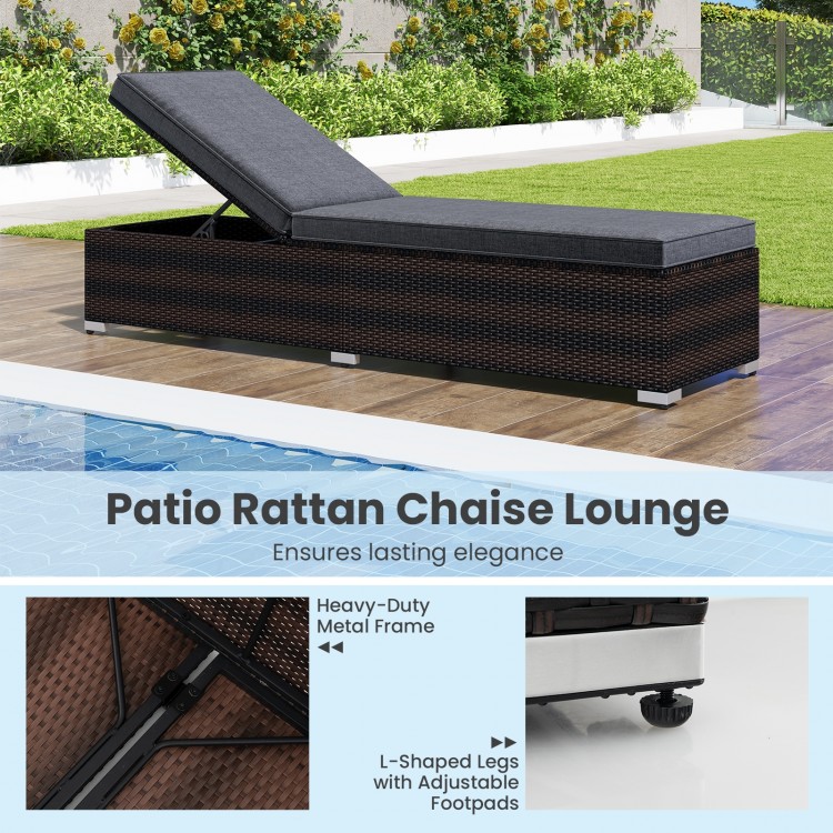 Patio wicker lounge chair with adjustable backrest, brown PE rattan, and luxurious cushion for outdoor comfort.