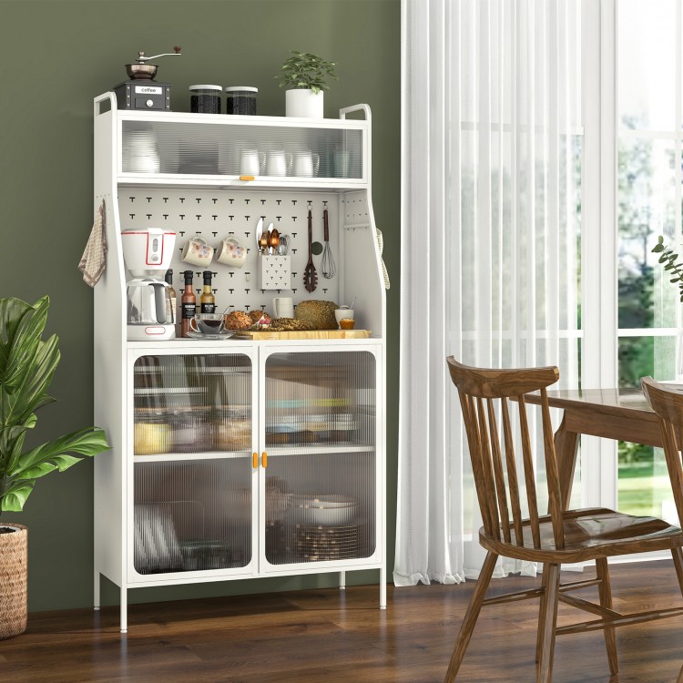 5-tier white metal baker's rack with see-through flip-up doors and pegboard for organized kitchen storage.
