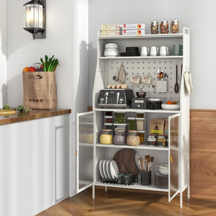5-tier white metal baker's rack with see-through flip-up door and pegboard, perfect for kitchen organization and.