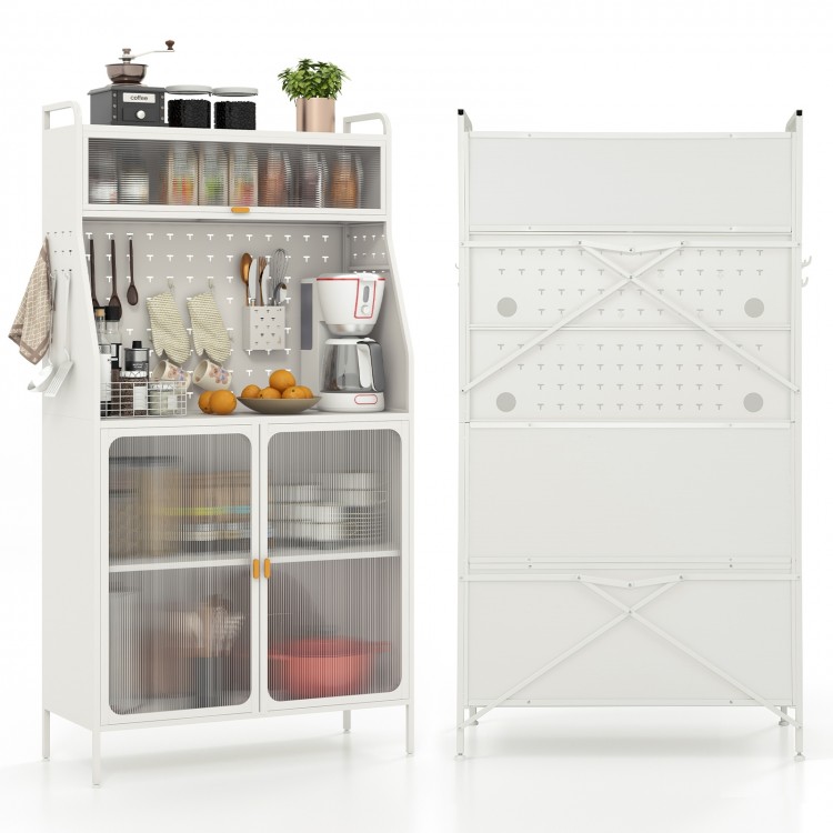 5-tier white metal baker's rack with see-through doors, pegboard, and adjustable shelves for organized kitchen storage.