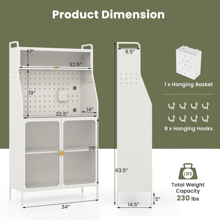 5-tier white metal baker's rack with adjustable shelves, pegboard, and see-through flip-up door for kitchen.