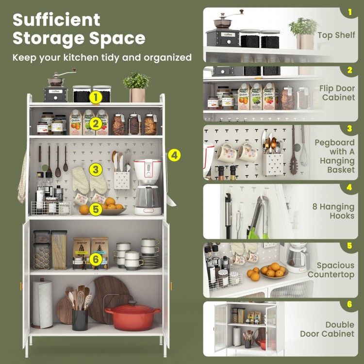 5-tier white metal baker's rack with adjustable shelves, pegboard, and flip-up door for organized kitchen storage.