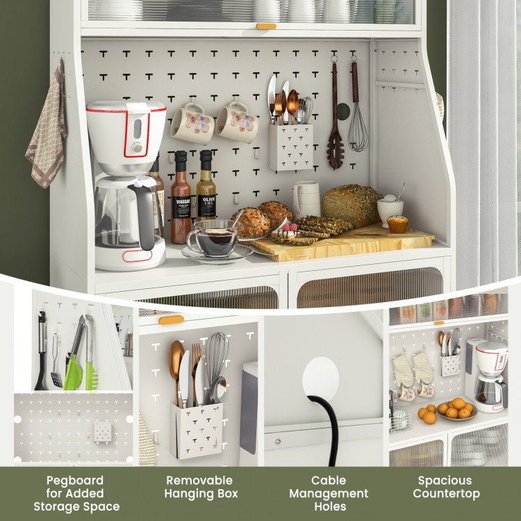 5-tier white metal baker's rack with pegboard, removable hanging box, and spacious countertop for kitchen organization.
