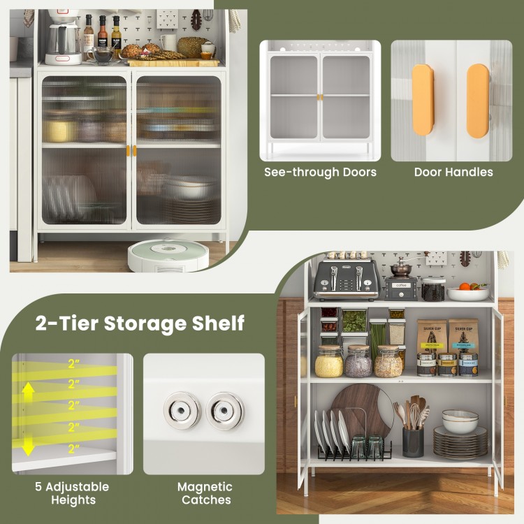 5-tier metal baker's rack with see-through flip-up doors and adjustable shelves for organized kitchen storage.