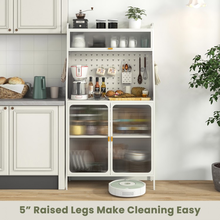 5-tier metal baker's rack in white with see-through flip-up door, pegboard, and 5" raised legs for easy cleaning.