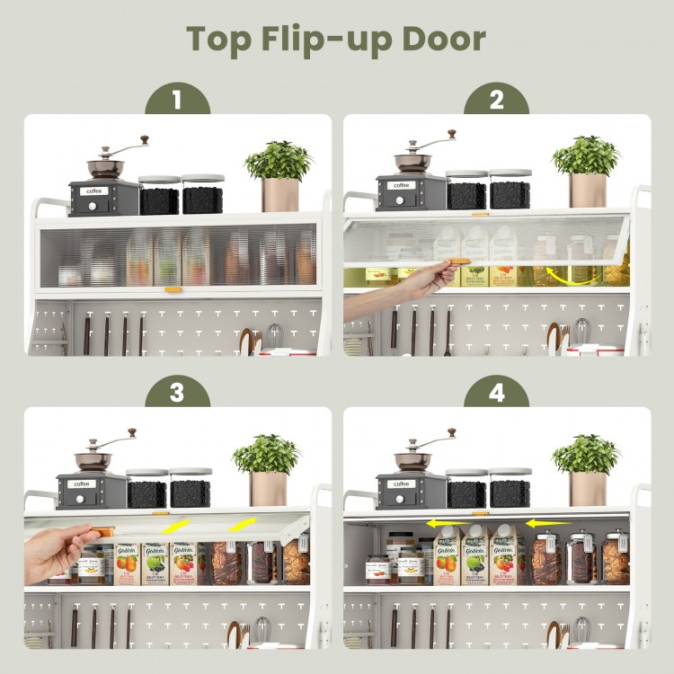 Top flip-up door of the 5-tier metal baker's rack provides easy access to kitchen items for organized storage.
