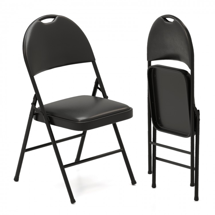 Black padded folding chair with metal frame, ergonomic backrest, and carry handle, ideal for events and easy storage.