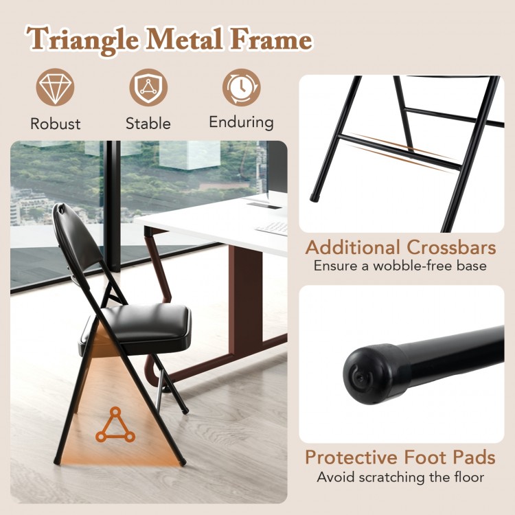 Padded folding chair with a triangle metal frame, ergonomic backrest, and protective foot pads for stability and.