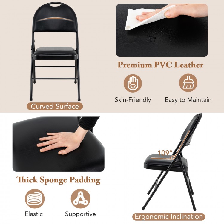 Padded folding chair with ergonomic 109° backrest, premium PVC leather, and thick sponge padding for comfort.