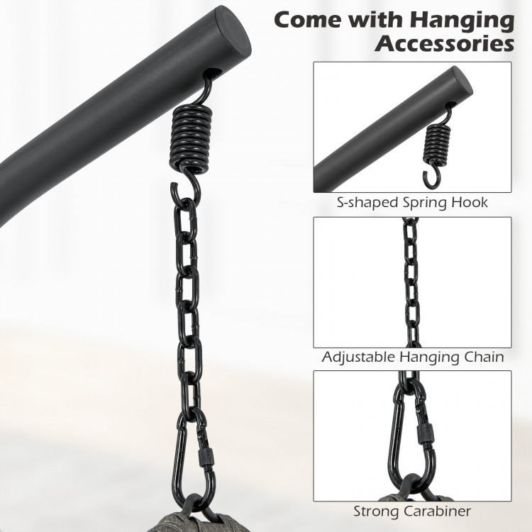Hanging accessories for the gray PE rattan egg chair, featuring a spring hook and adjustable chain for secure setup.