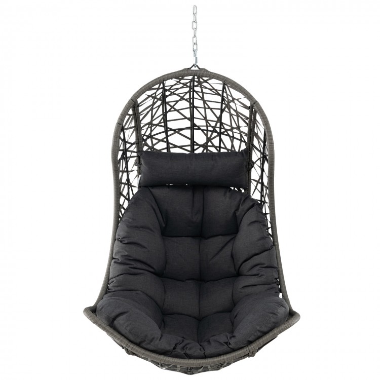 Hanging egg chair in gray PE rattan with soft cushion, perfect for relaxing in your patio or backyard.