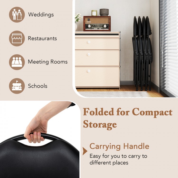 Padded folding chair with metal frame and carrying handle, ideal for weddings and schools, shown in compact storage.