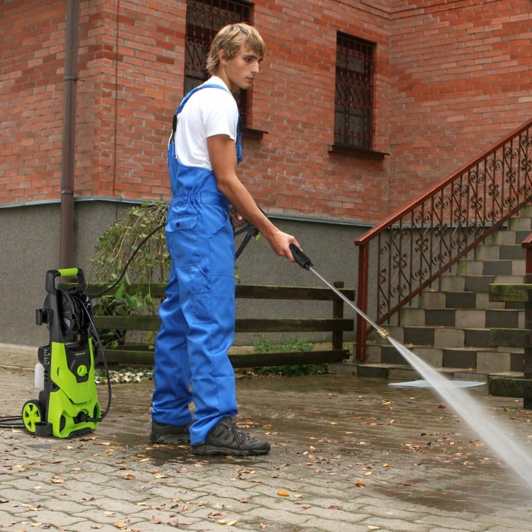 Electric pressure washer with 2150 PSI, 1.2 GPM flow, and foam cannon, ideal for efficient cleaning tasks.