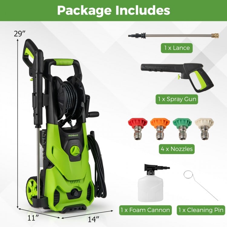 Electric pressure washer with 2150 PSI, 1.2 GPM, includes 4 nozzles and foam cannon for versatile cleaning.