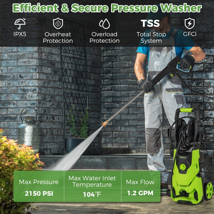 Electric pressure washer with 2150 PSI and 1.2 GPM, featuring quick connect nozzles and foam cannon for efficient.