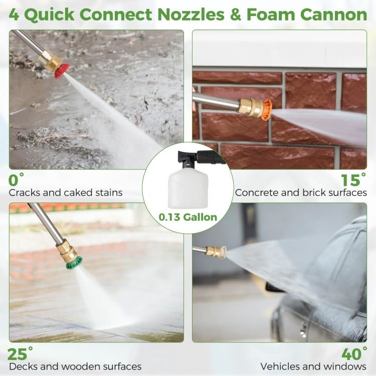 Close-up of 2150 PSI electric pressure washer with foam cannon and 4 quick connect nozzles for versatile cleaning.