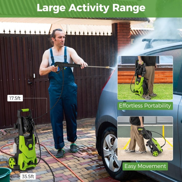 Electric pressure washer with 2150 PSI, 17.5 ft hose, and foam cannon, ideal for car washing and outdoor cleaning.