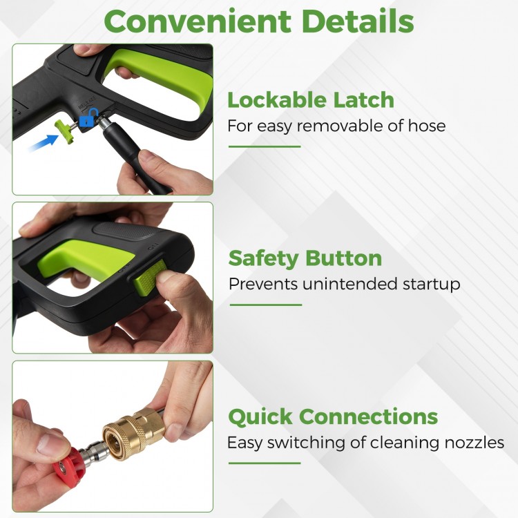 Close-up of the electric pressure washer's safety button and lockable latch for easy hose removal and safe operation.
