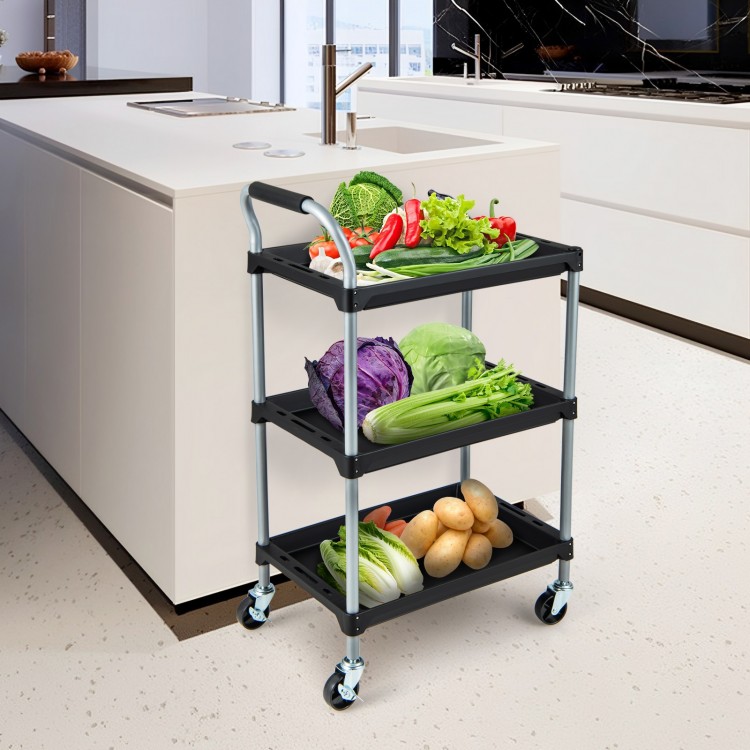 3-layer tool cart with black PP shelves and sponged handle, ideal for kitchen storage and easy mobility with swivel.