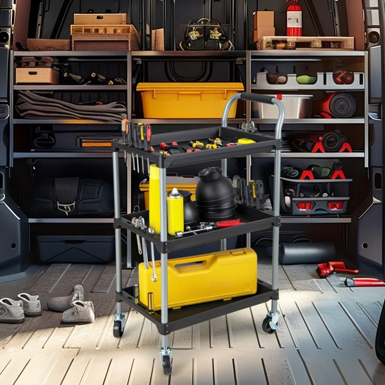3-layer tool cart with PP shelves and swivel wheels, ideal for efficient storage in garage or workshop.