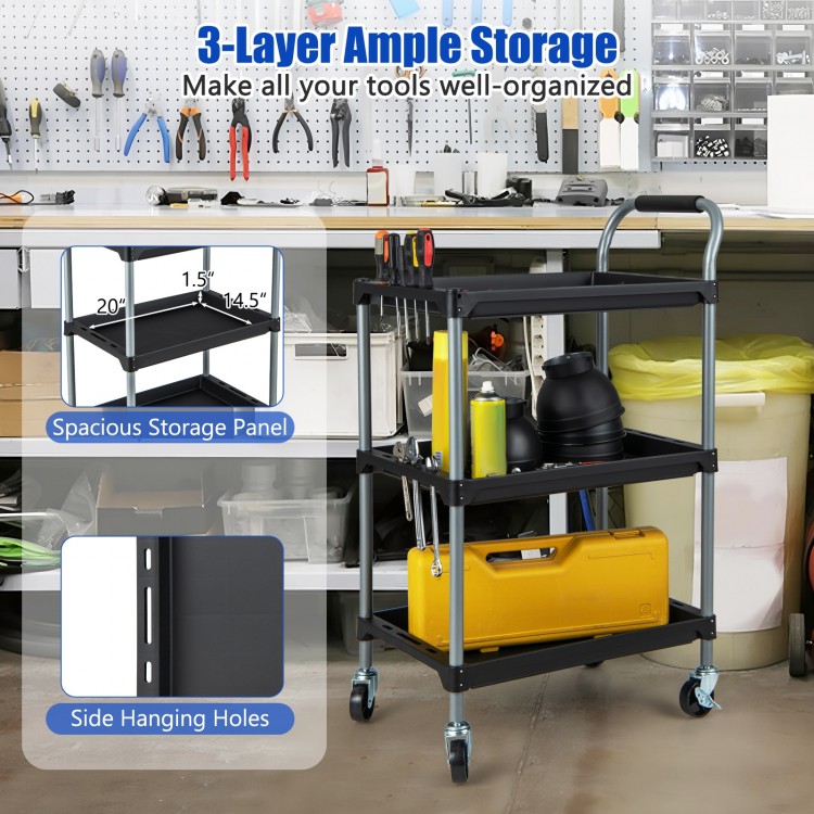 3-layer tool cart with spacious PP shelves, anti-deformation metal pipes, and swivel wheels for versatile storage.