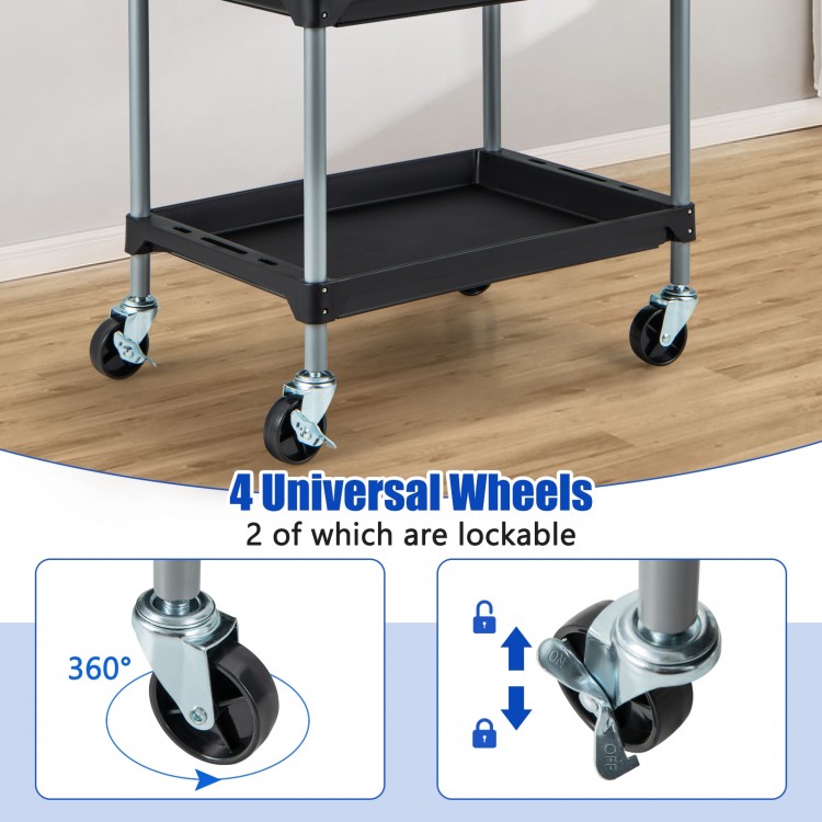 3-layer tool cart with black PP shelves and lockable swivel wheels, ideal for efficient storage in kitchens or garages.