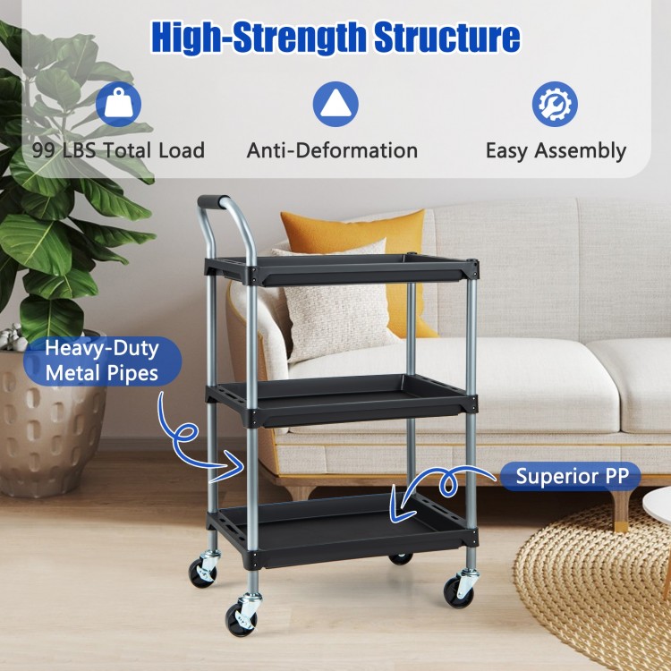 3-layer tool cart with black PP shelves, heavy-duty metal pipes, and swivel wheels for versatile storage in any space.
