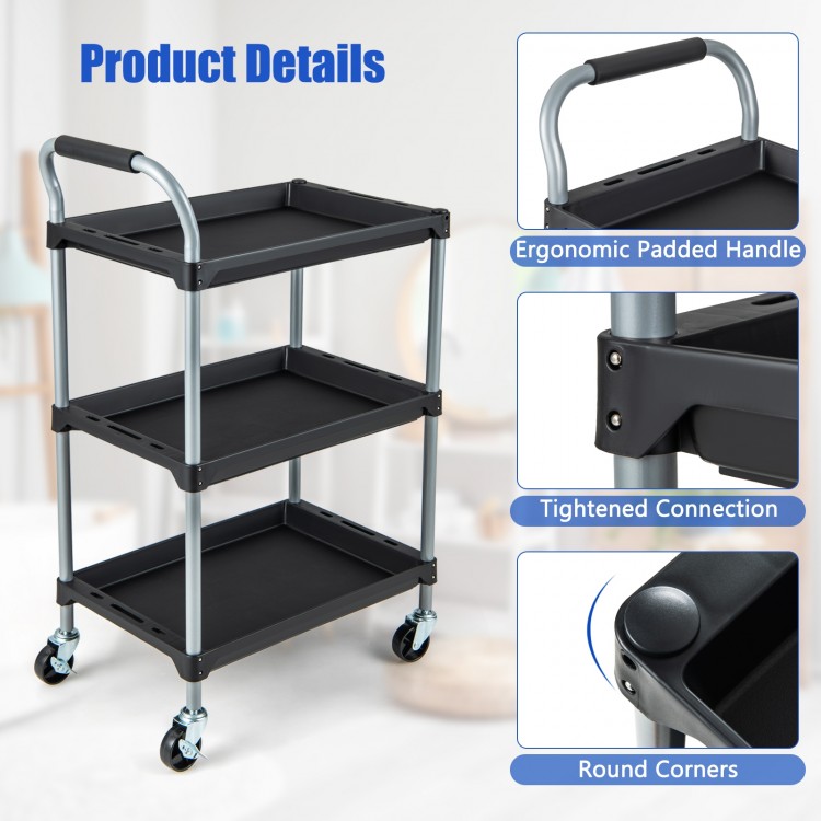 3-layer tool cart with black PP shelves, ergonomic handle, and swivel wheels for versatile storage in kitchen or garage.