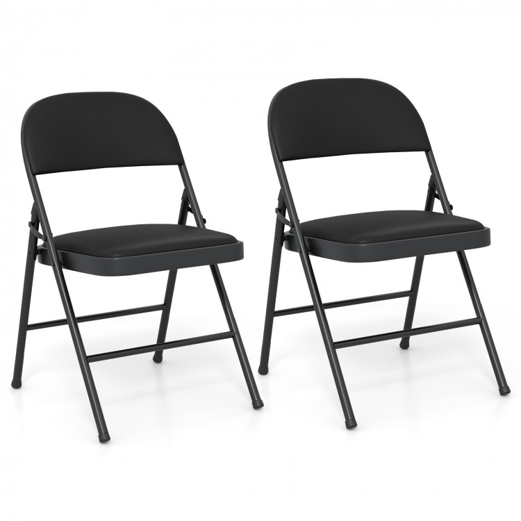 Black folding chairs with metal frame and PVC leather, featuring curved backrest and soft padding for comfort.