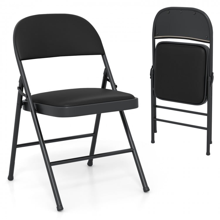 Black folding chair with metal frame and PVC leather, featuring a curved backrest for comfort, ideal for indoor and.