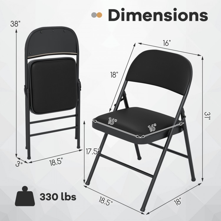 Folding chair dimensions with a black PVC leather seat and metal frame, supporting up to 330 lbs for versatile use.