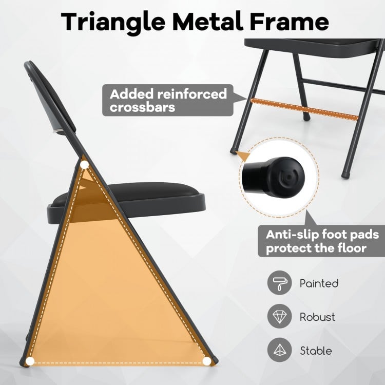 Triangle metal frame folding chair with PVC leather, reinforced crossbars, and anti-slip foot pads for stability.