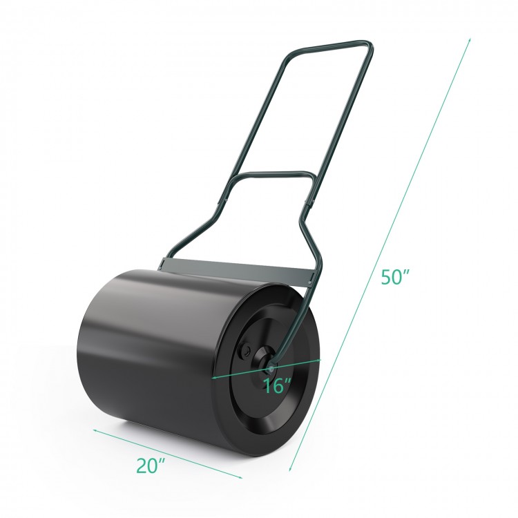 Lawn roller with U-shaped handle, 20" diameter, 50" height, designed for flattening uneven ground in gardens.