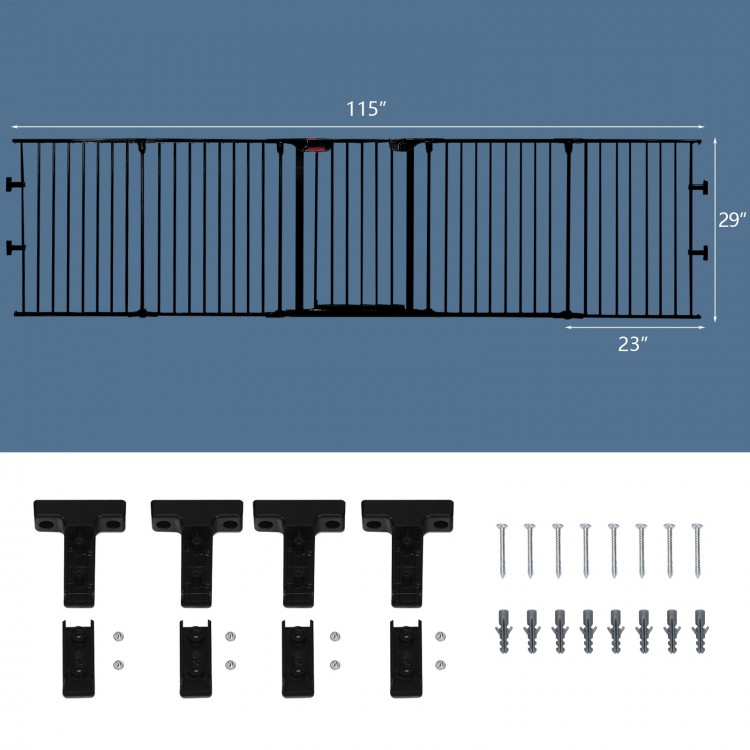 Top view of the 115-inch black metal fireplace fence with five panels, showcasing its adjustable design for indoor.