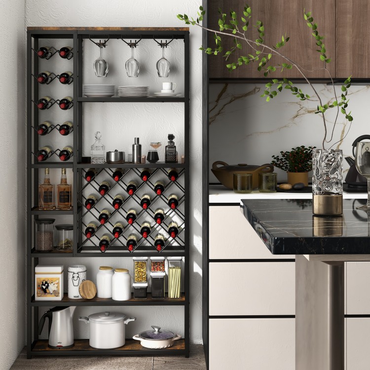 Industrial floor wine rack featuring 3 rows for stemware and 27-bottle capacity, ideal for kitchen or home bar.