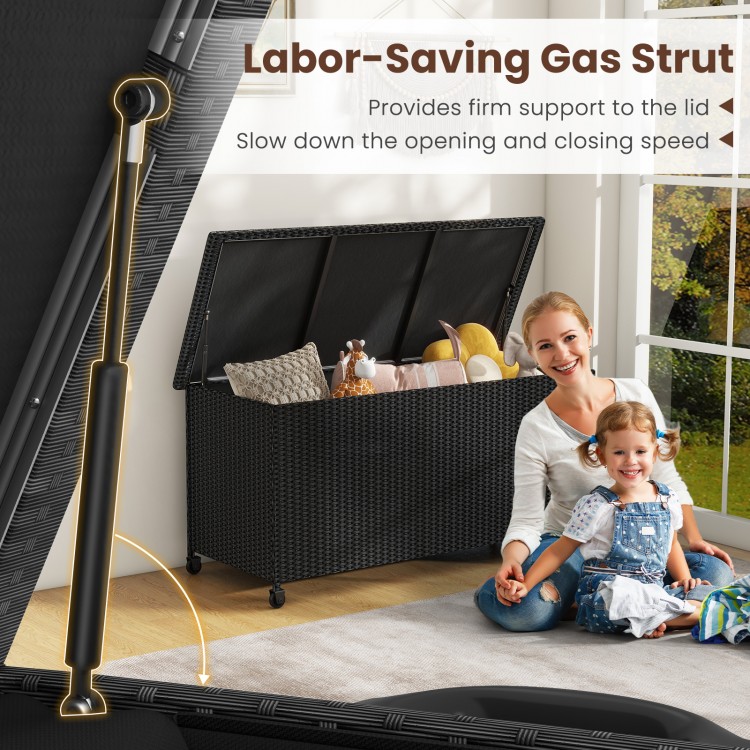Indoor outdoor 85-gallon storage container with waterproof liner, featuring a labor-saving gas strut for easy lid.