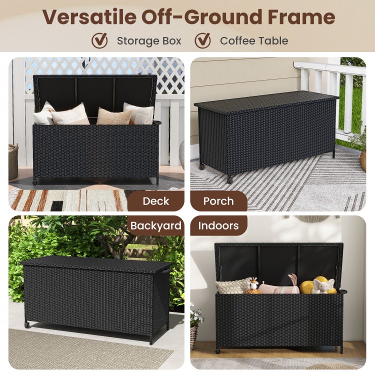 Black 85-gallon storage container with waterproof liner, ideal for outdoor use on decks, porches, and backyards.