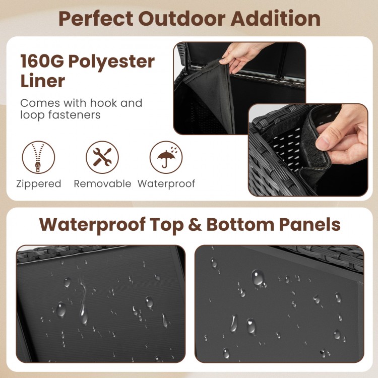 Close-up of the waterproof liner and fasteners in the 85-gallon storage container, ideal for outdoor use.